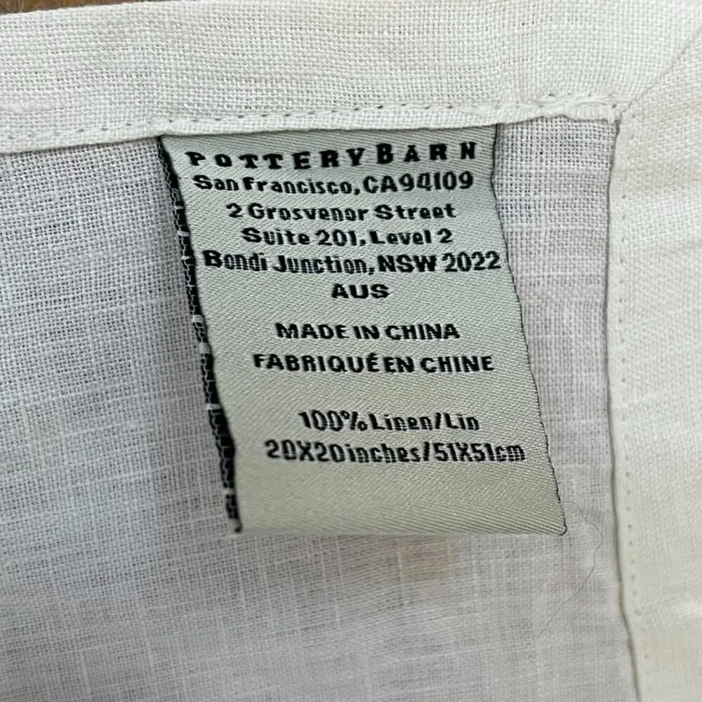 Pottery Barn Ivory Linen Napkin Set of 3 Embroidered Patch 20 x 20